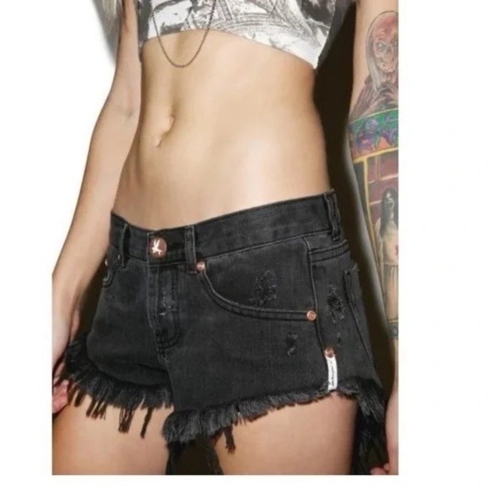 One Teaspoon Black Distressed Frayed Hem Denim Shorts
